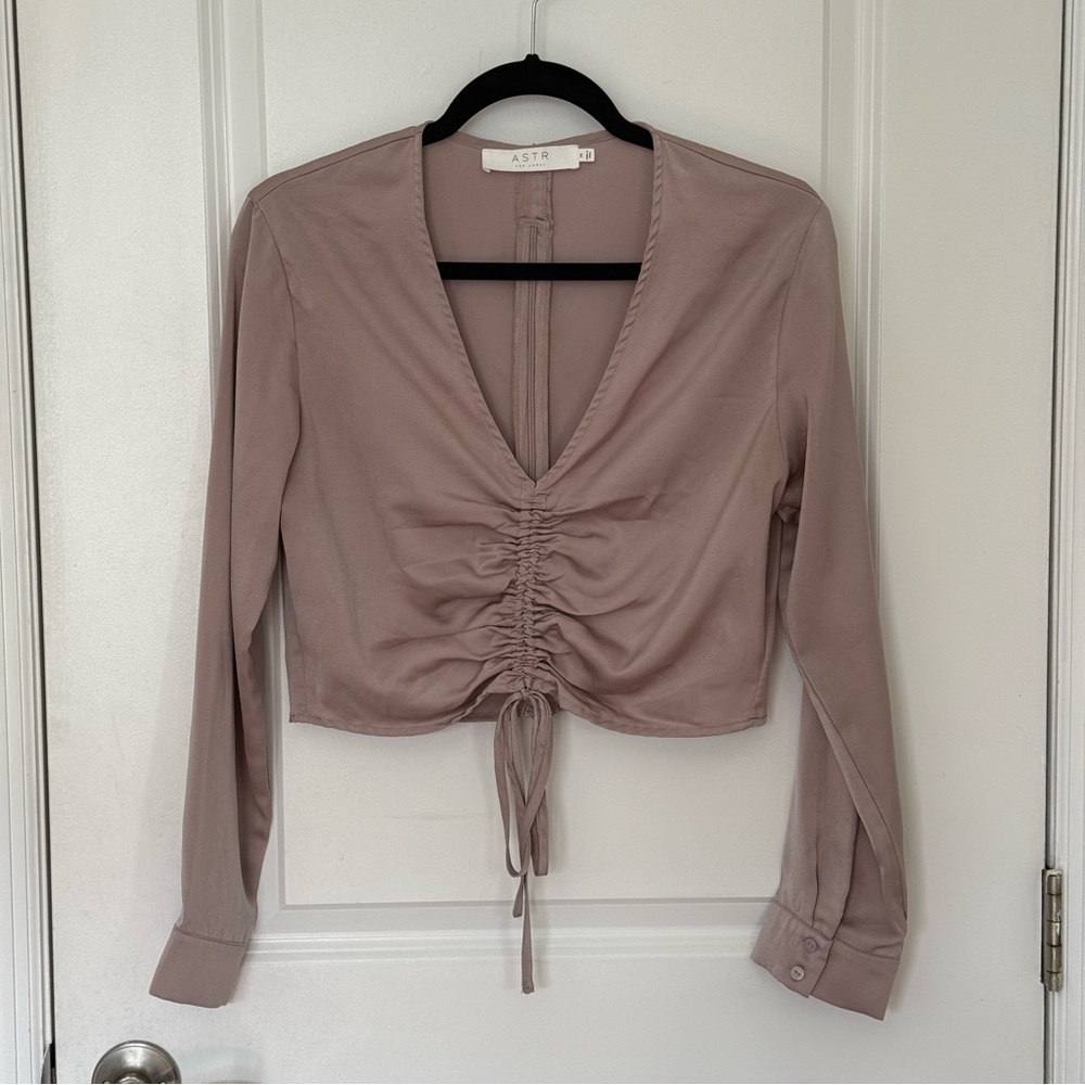 Astr Pink Crop Blouse with Ruched Tie Front
